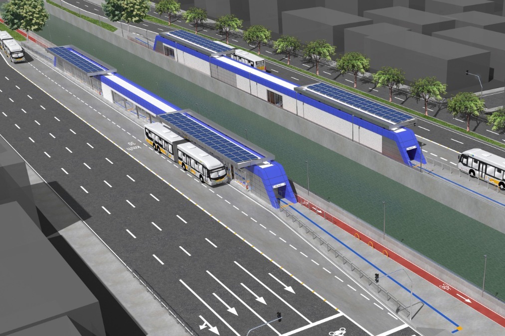 Representação do projeto de uma estação do BRT Aricanduva, com ônibus articulado, ciclovia e passarela, ao longo da avenida