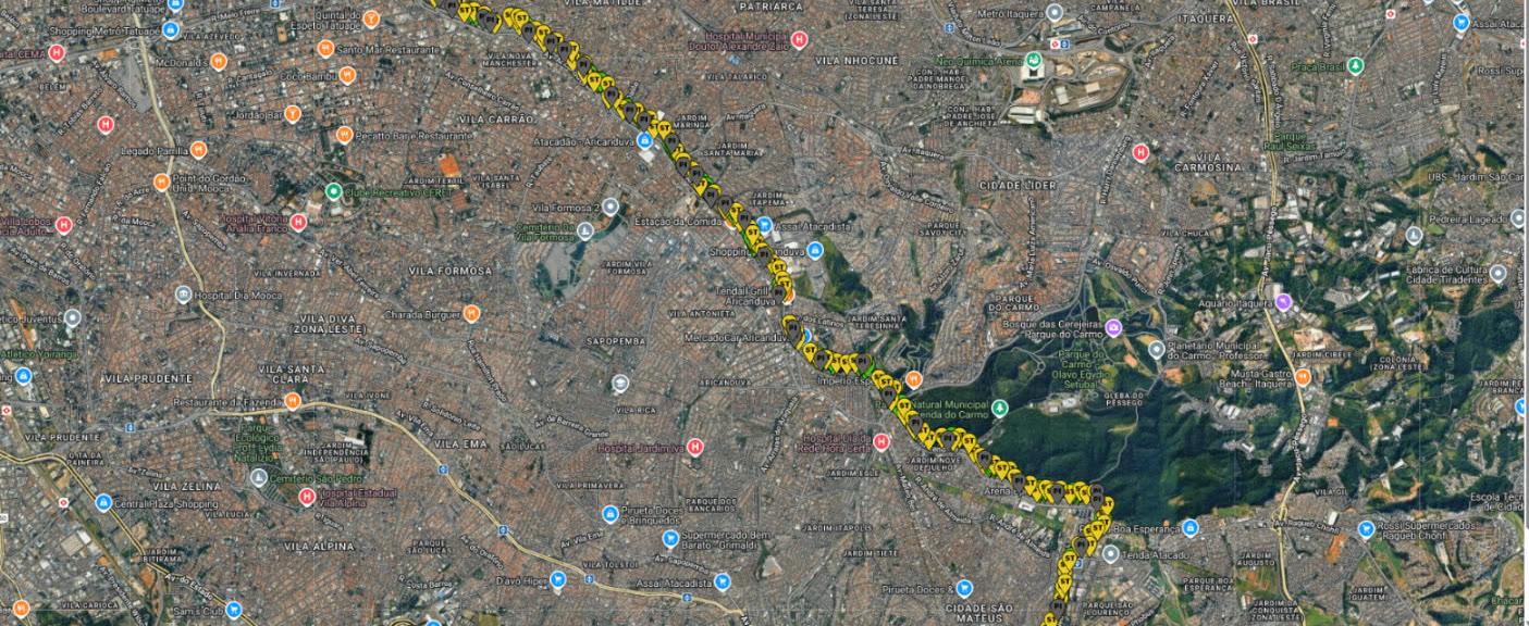 Mapa de satélite com o georreferenciamento dos 427 pontos de sondagem da Suporte ao longo do traçado do BRT Aricanduva, extraído do sistema interno da Suporte