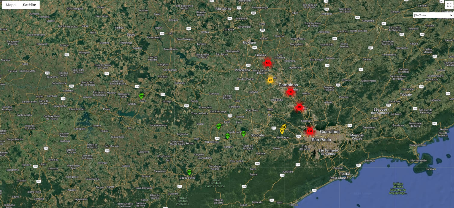 Mapa de satélite com o georreferenciamento dos pontos de sondagem da Suporte ao longo do Sistema Anhanguera-Bandeirantes, extraído do sistema interno da Suporte