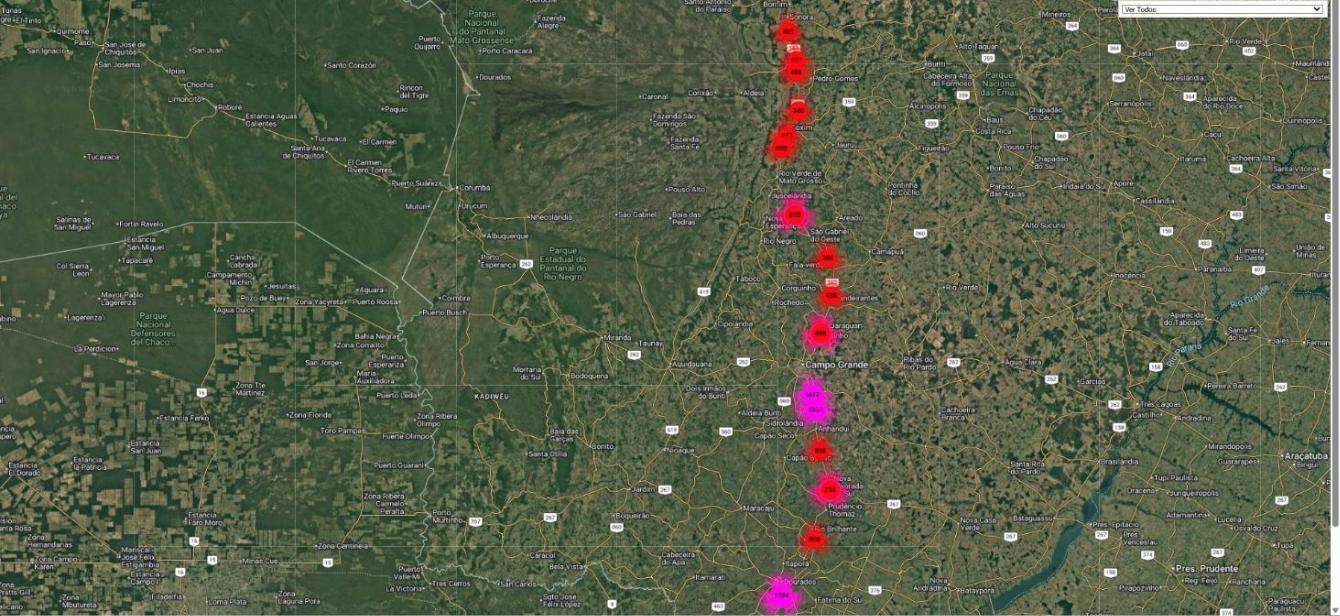 Mapa de satélite com o georreferenciamento dos 14.783 pontos de sondagem da Suporte ao longo da BR-163 em Mato Grosso do Sul, extraído do sistema interno da Suporte