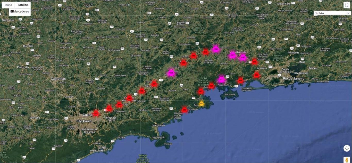 Mapa de satélite com o georreferenciamento dos mais de 14.336 pontos de sondagem da Suporte ao longo da Via Dutra e Rio-Santos, extraído do sistema interno da Suporte