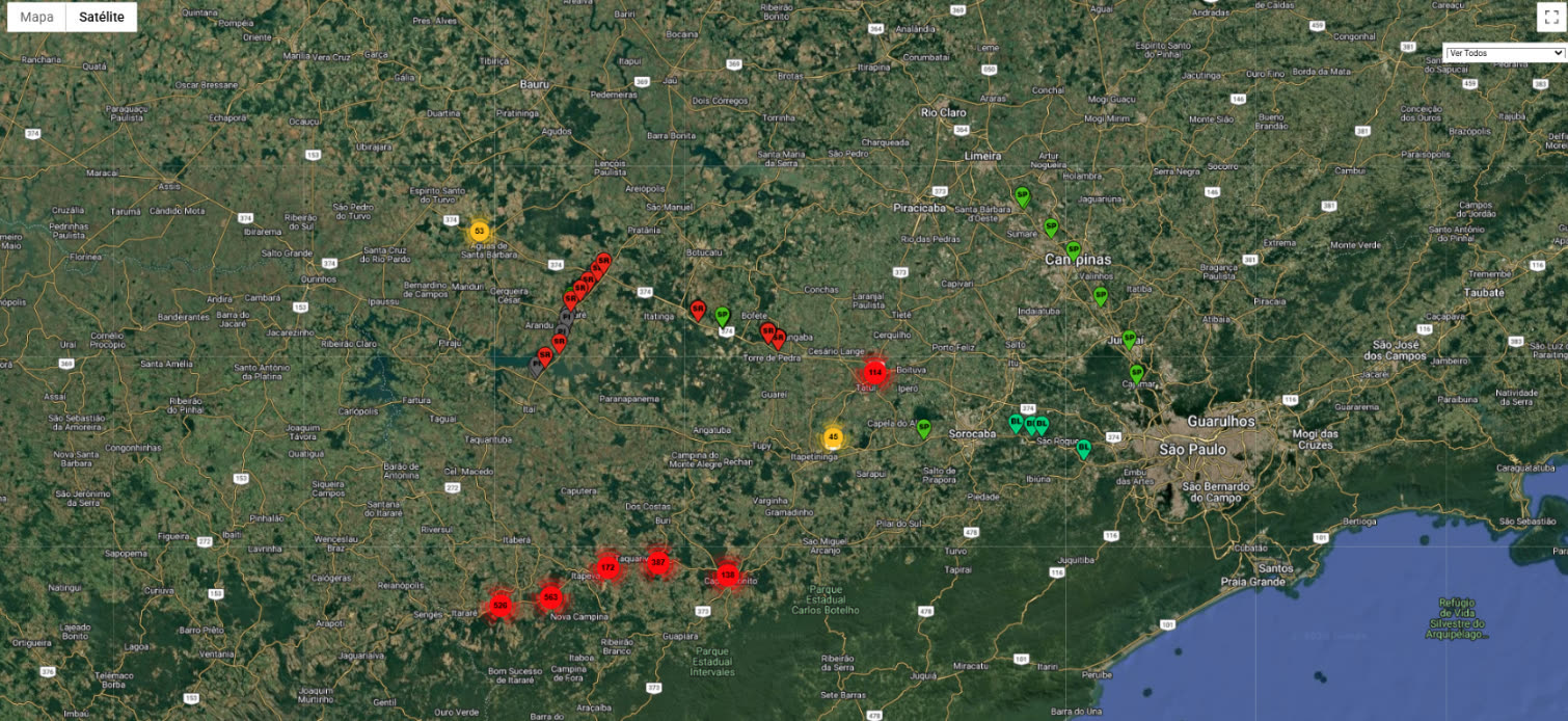 Mapa de satélite com o georreferenciamento dos pontos de sondagem da Suporte ao longo do corredor da CCR SPVias, extraído do sistema interno da Suporte
