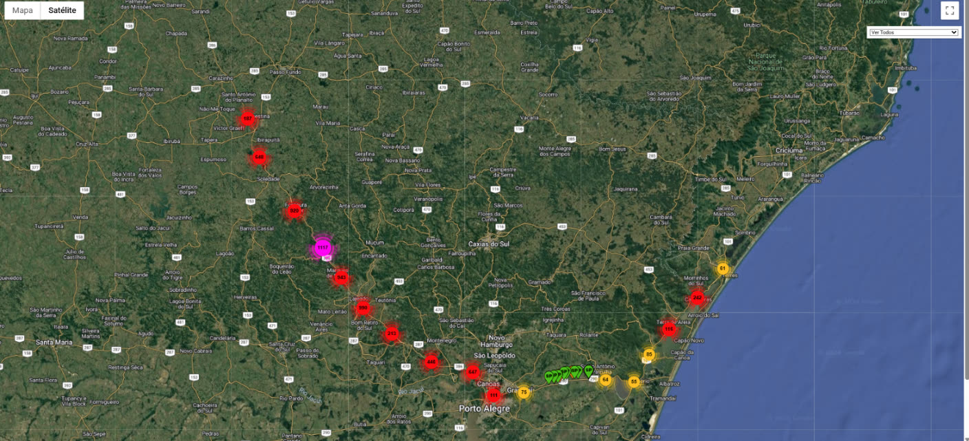 Mapa de satélite com o georreferenciamento dos pontos de sondagem da Suporte ao longo da Rodovia de Integração do Sul, extraído do sistema interno da Suporte
