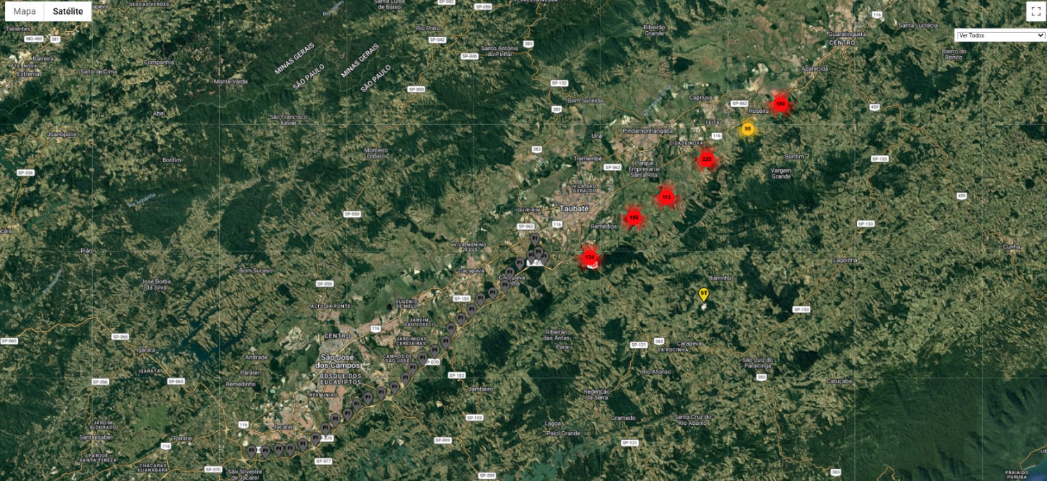Mapa de satélite com o georreferenciamento dos pontos de sondagem da Suporte ao longo da SP-070, extraído do sistema interno da Suporte