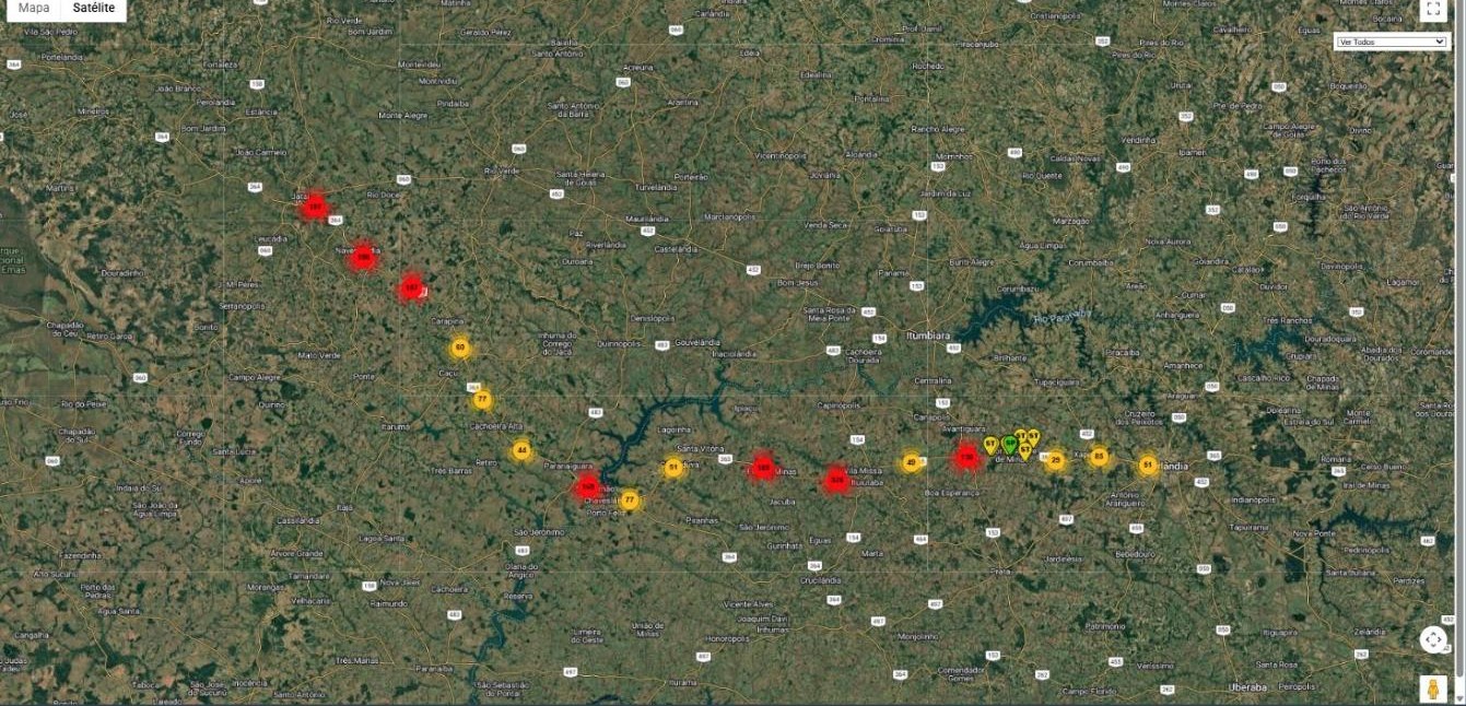 Mapa de satélite com o georreferenciamento dos 2.009 pontos de sondagem da Suporte ao longo da concessão da Ecovias do Cerrado, extraído do sistema interno da Suporte