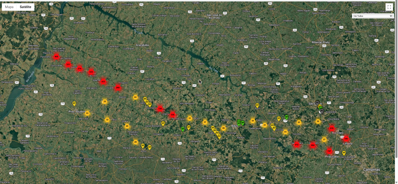 Mapa de satélite com o georreferenciamento dos pontos de sondagem da Suporte ao longo do corredor da Eixo SP, extraído do sistema interno da Suporte