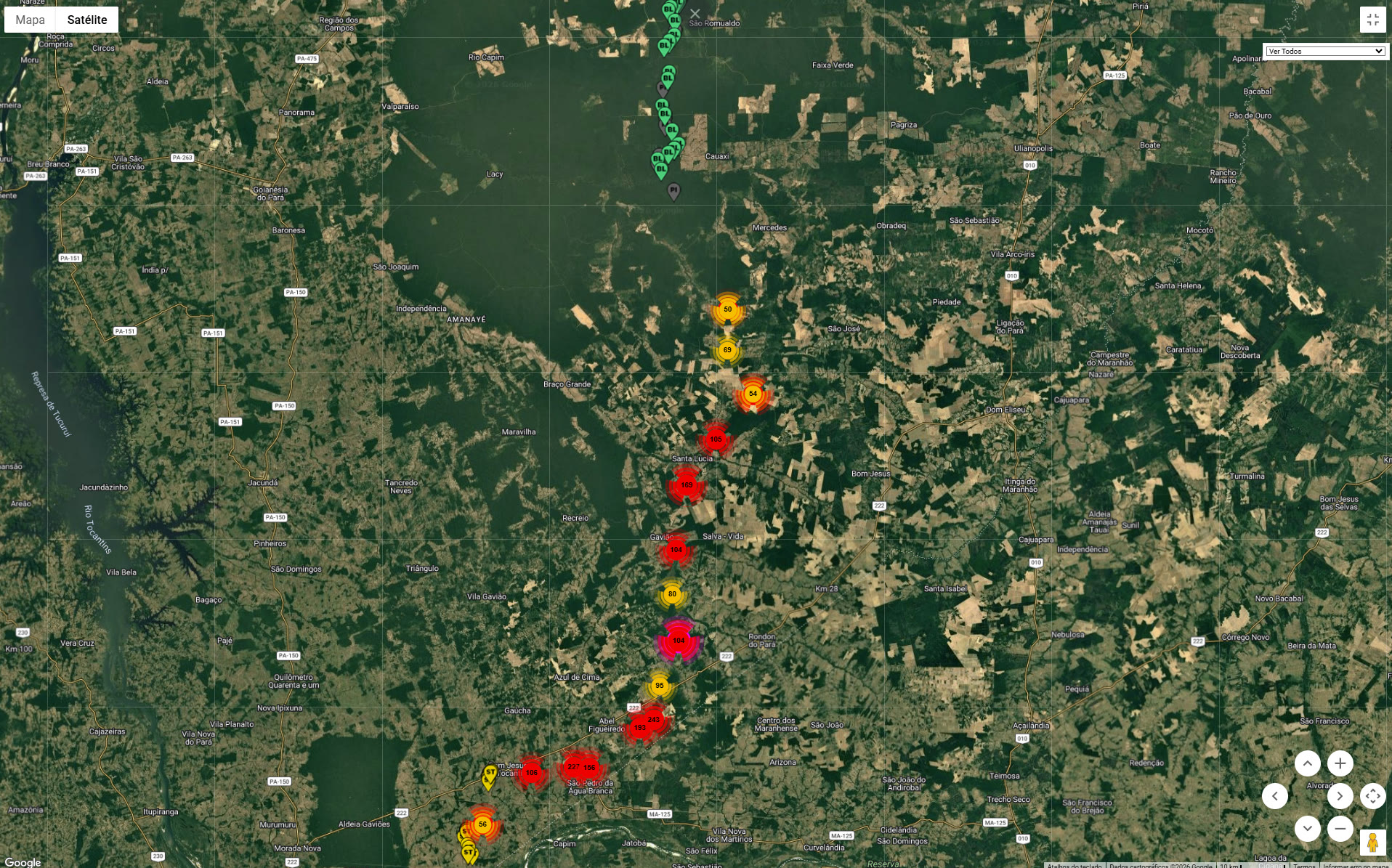 Mapa de satélite com o georreferenciamento dos 1.417 pontos de sondagem da Suporte ao longo do trecho investigado da Ferrovia do Pará, extraído do sistema interno da Suporte