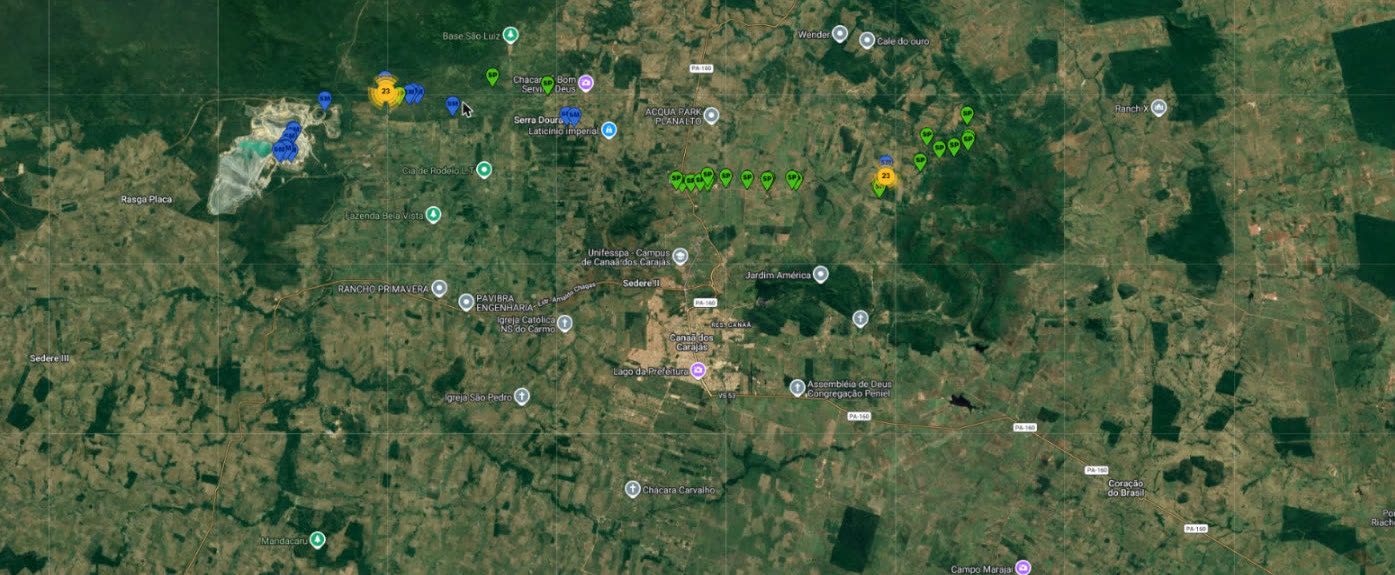 Mapa de satélite com o georreferenciamento dos pontos de sondagem da Suporte entre o Projeto Cristalino e a Mina do Sossego, extraído do sistema interno da Suporte