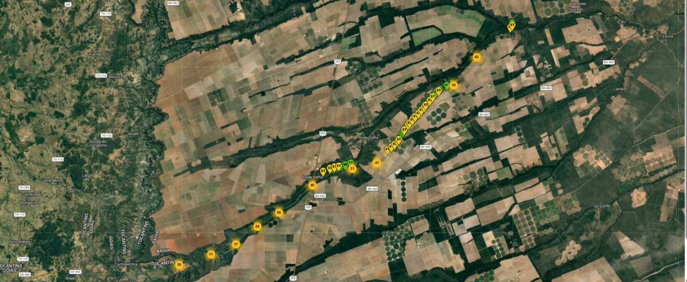 Mapa de satélite com o georreferenciamento dos 496 pontos de sondagem da Suporte ao longo do trecho Barreiras-Arraias da FIOL, extraído do sistema interno da Suporte