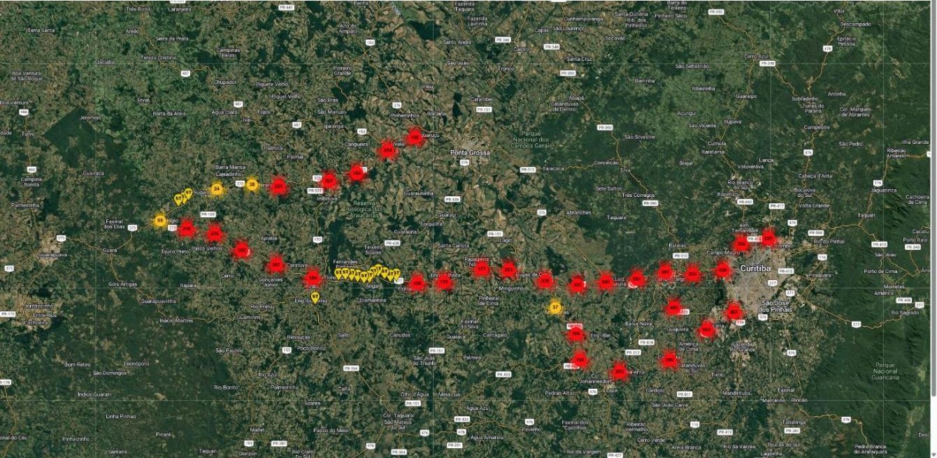 Mapa de satélite com o georreferenciamento dos 10.484 pontos de sondagem da Suporte ao longo das rodovias do Lote 1 do Paraná, extraído do sistema interno da Suporte