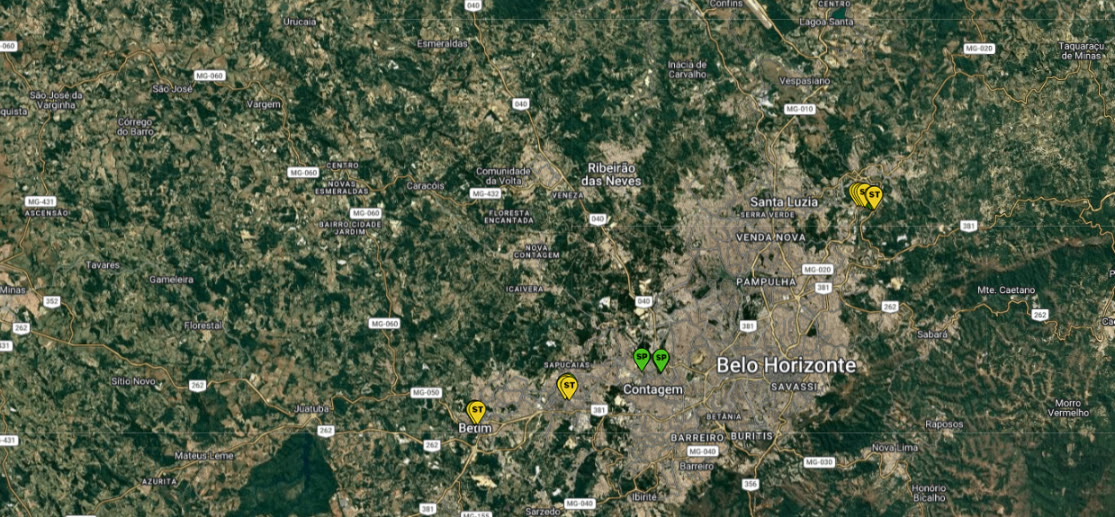 Mapa de satélite com o georreferenciamento dos pontos de sondagem da Suporte em Betim, Contagem e Santa Luzia, na Região Metropolitana de Belo Horizonte, extraído do sistema interno da Suporte