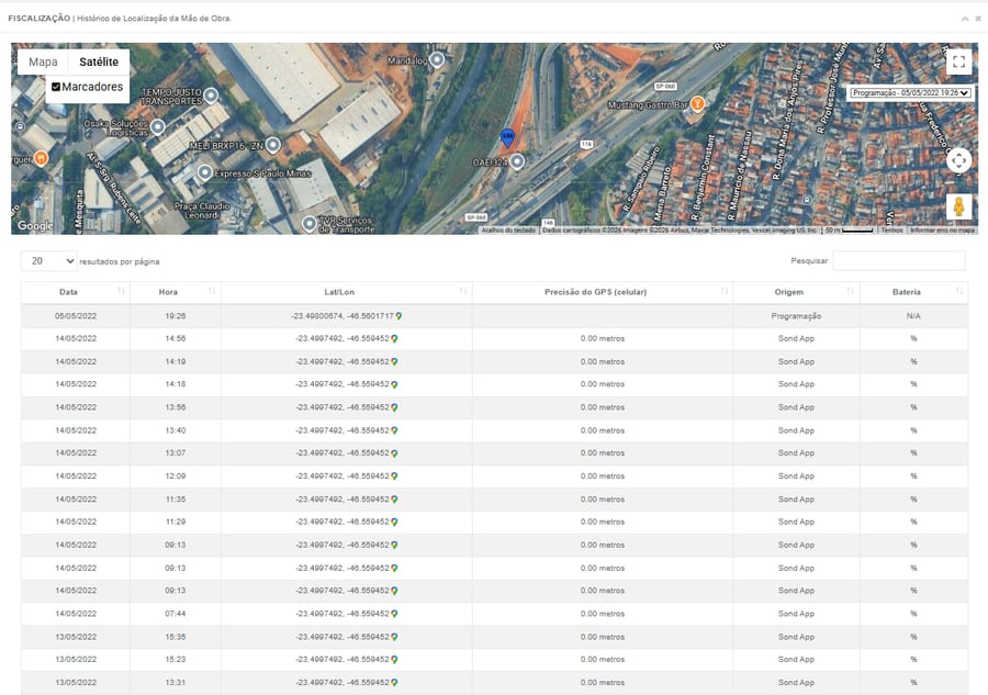 Painel de histórico de localização das equipes em campo, com mapa e tabela de registros por data e hora