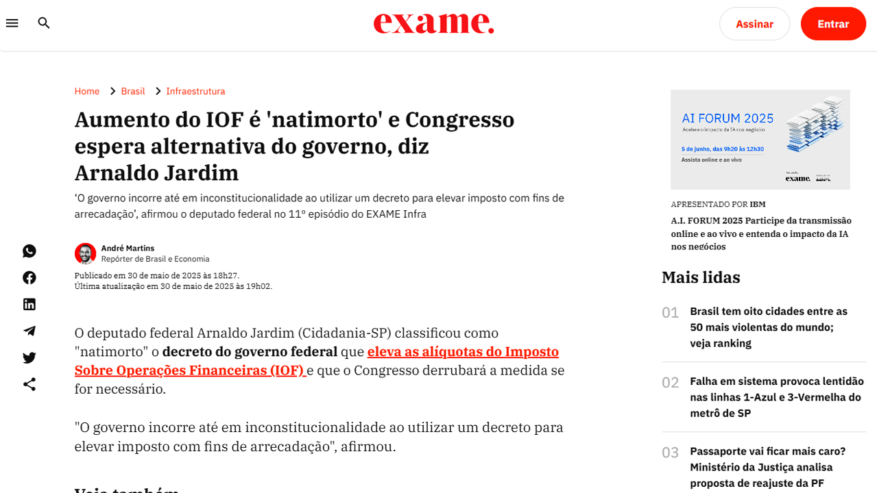 foto - Suporte Na Imprensa - Arnaldo Jardim critica aumento do IOF e cobra alternativa do governo - Suporte acompanha os impactos no setor de infraestrutura.