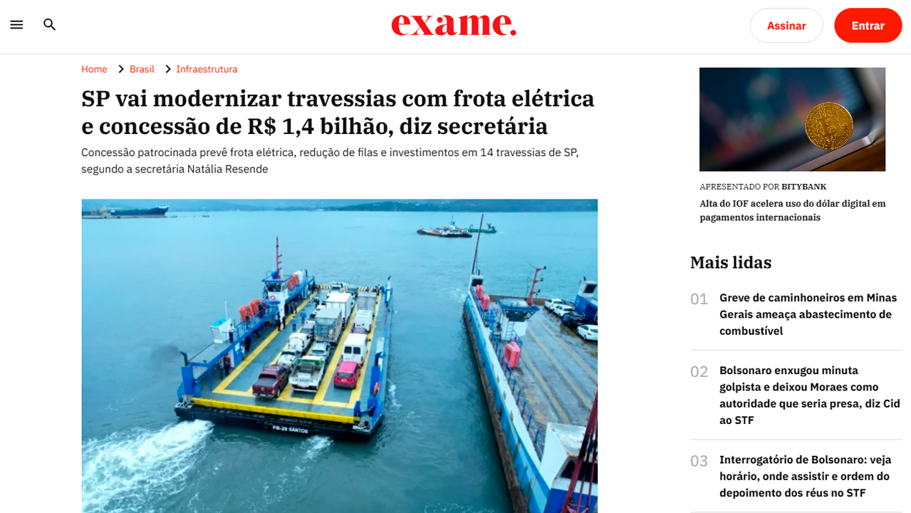 foto - Suporte Na Imprensa -  SP vai modernizar travessias com frota elétrica e concessão de R$ 1,4 bilhão, diz secretária.