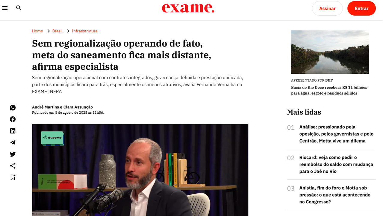 foto - Suporte Na Imprensa - Vernalha aponta que municípios isolados e falta de capacidade técnica comprometem o Marco Legal do Saneamento.