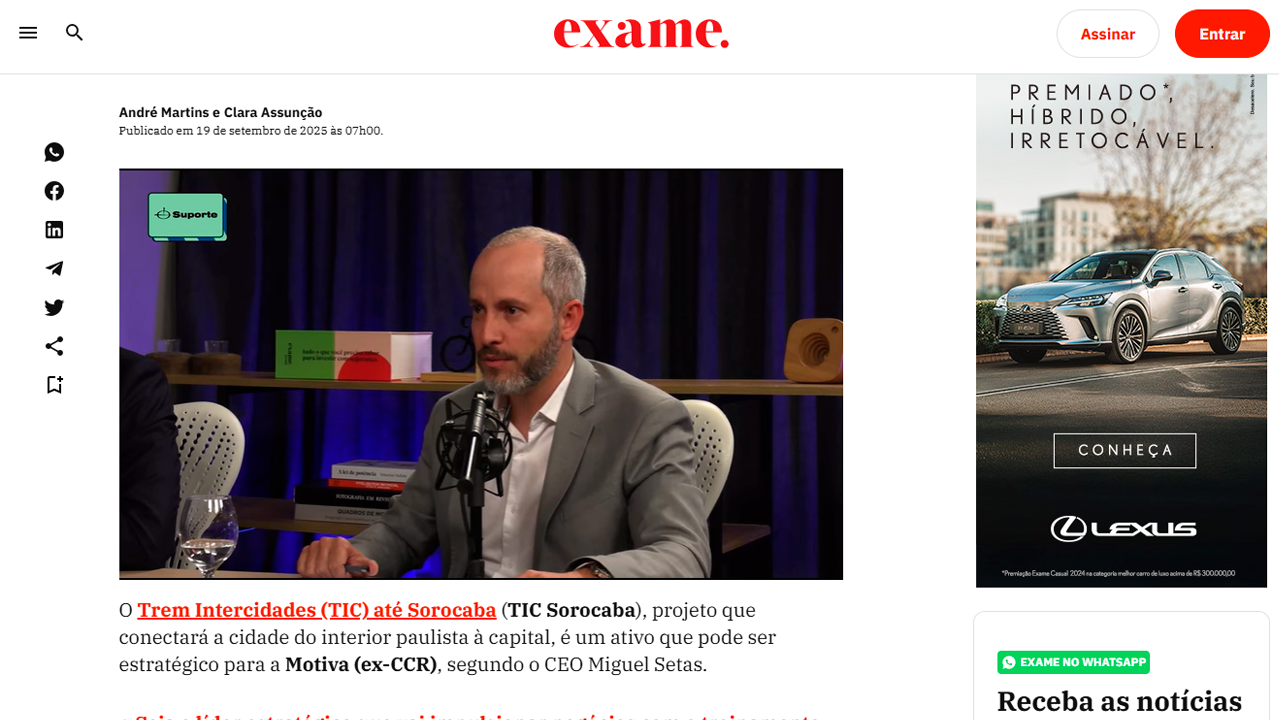 foto - Suporte na Imprensa - “É quase impossível não olharmos para o leilão do trem SP-Sorocaba”, diz Miguel Setas, CEO da Motiva