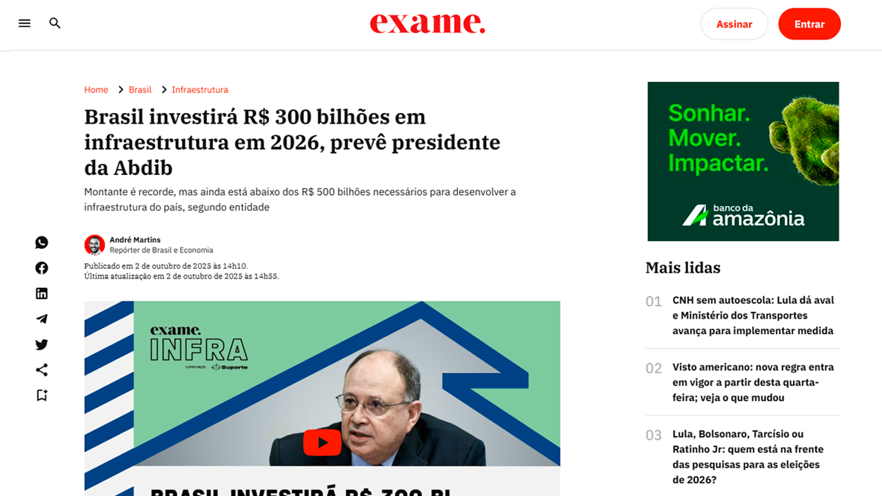 foto - Suporte na Imprensa - Brasil investirá R$ 300 bilhões em infraestrutura em 2026, prevê presidente da Abdib